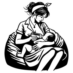 Mother Bottle Feeding Illustration.