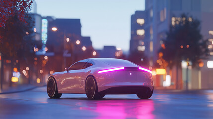 Fototapeta premium A sleek, white electric sports car drives on a city street at dusk. The cars taillights glow pink, reflecting on the wet road. City lights blur in the background.