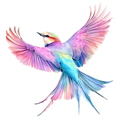 Fototapeta premium A vibrant watercolor painting of a bird in flight, showcasing iridescent pink, purple, and blue feathers against a white background.