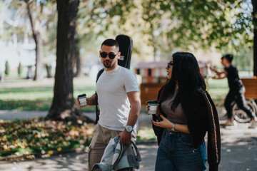 A young couple enjoys a leisurely walk in the park, sipping coffee and engaging in conversation....