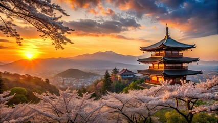 Obraz premium Sunset over Kiyomizu-dera Temple grounds with cherry blossoms and mountains in the background, beautiful scenery
