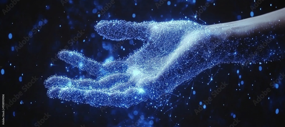 Poster a hand formed from a network of points against a dark background with glowing particles