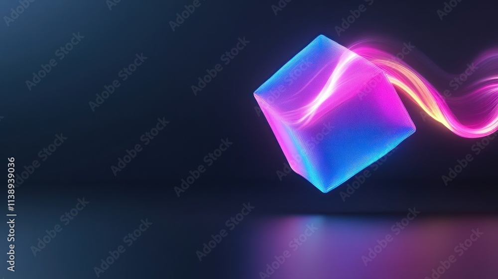 Poster a glowing, floating cube with colorful light trails in a dark space.