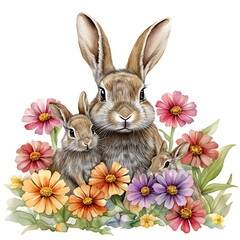 Watercolor painting of a mother rabbit and her two kits nestled amongst vibrant zinnias.