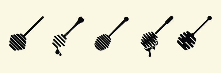 Set of Honey Dipper Stick Silhouette Icons Featuring Different Dripping Honey Styles for Vector Art, Food Packaging, Logos, Kitchen Decor, Honey Branding, Sweet Designs, and Nature-Themed Graphics.