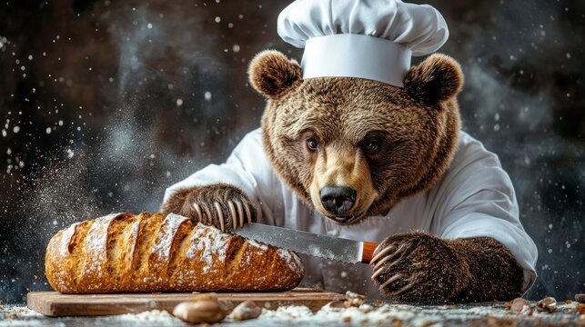 A bear in a chef's outfit skillfully slices a loaf of bread in a kitchen setting.