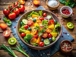 Overhead shot of a vibrant fresh salad bowl; healthy, salt-seasoned vegetables.