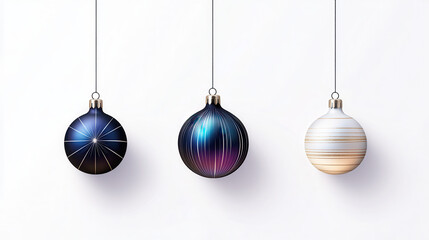 A stylish cut-out graphic of elegant holiday ornaments suspended, a gradient blue-to-purple metallic star with a sleek finish, complemented by a matte black orb with subtle silver rings and a glowing 