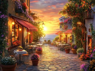 Romantic Sunset on a Cobblestone Street in a Picturesque Italian Village