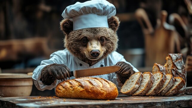 A bear in a chef's outfit skillfully slicing bread in a rustic kitchen setting.