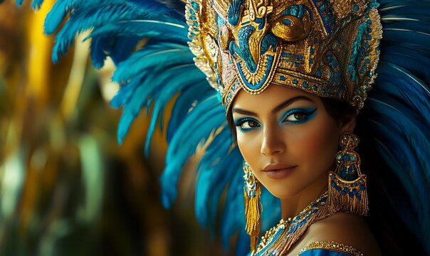 Woman in vibrant blue feathered headdress and traditional costume.