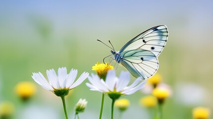 Naklejka premium White butterfly on daisy flowers in meadow.