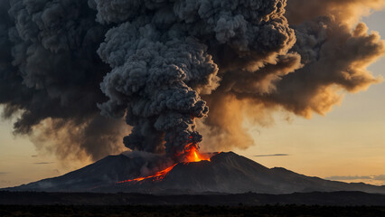 An erupting volcano and black smoke spreading into the sky.