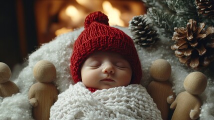 Newborn sleeps with toys near fireplace.