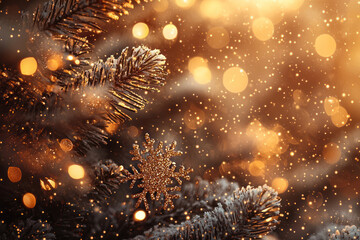 A beautiful close up of Christmas tree with sparkling ornaments and warm lights, creating festive atmosphere