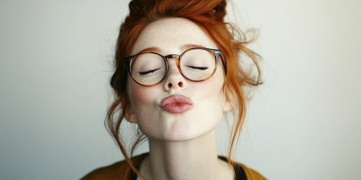 Red-haired woman posing with puckered lips