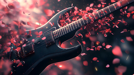 Fototapeta premium An electric guitar being played, with petals bursting from the strings instead of sound waves