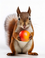 Squirrel model holding fruit in hand on white background