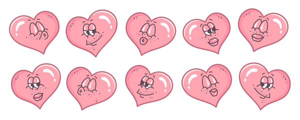 Heart character set. Valentine hearts smile at each other. Flirting couple. Doodle Hand drawn outline Groovy hearts in Retro style. Valentine's Day clipart. Vector illustration