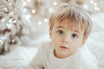 Close-up portrait of curious toddler boy on background with white and silver Christmas decorations