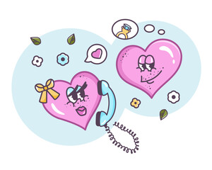Valentine characters talking. Valentines love. Romantic message to each other. Flirting couple. Hand drawn outline template in Retro style. Funny Groovy hearts in cartoon style. Vector illustration