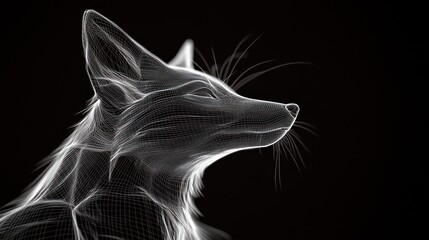 White fox wireframe outline, digital art against black.