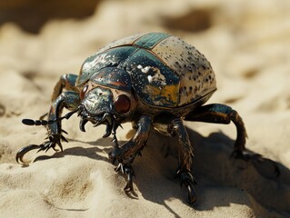 Beautiful metallic beetle crawling on sandy ground