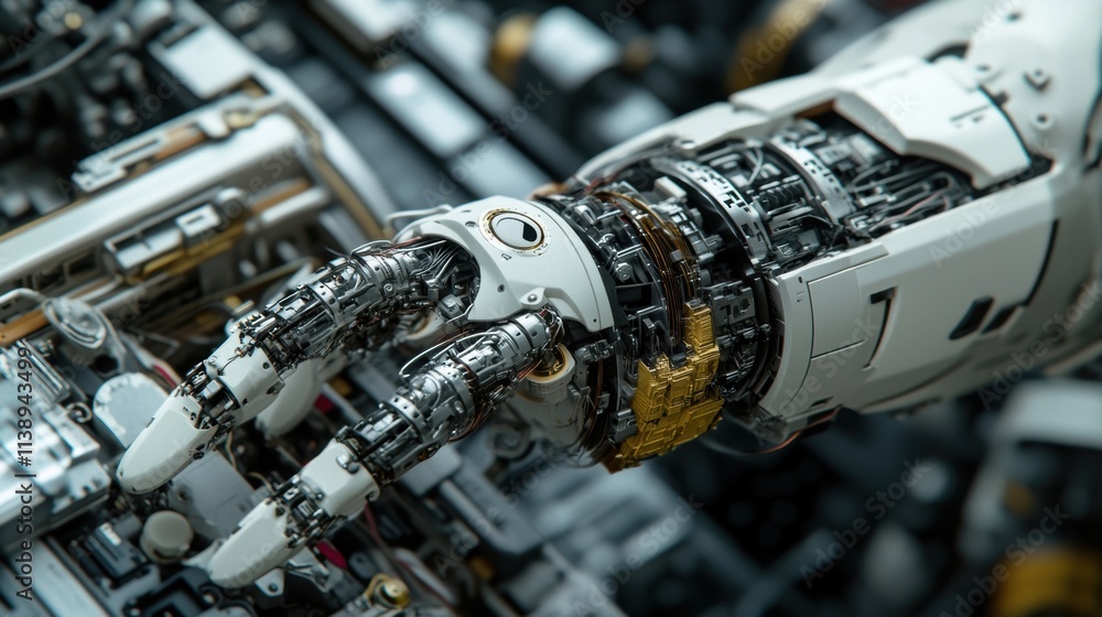 Aufkleber an intricate view of a robotic arm equipped with iot sensors capturing the interplay of gears and ci