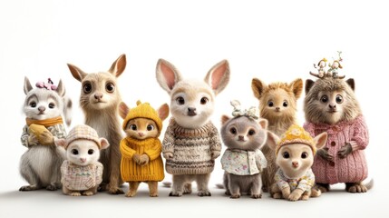 Group of different types of mammals wearing cute spring clothes gathered facing camera with funny faces on plain white background
