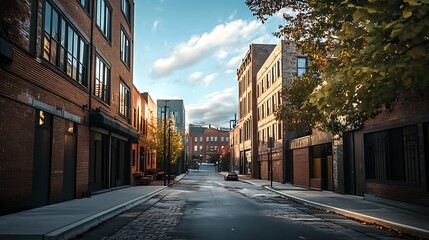Brick Buildings Line a Quiet City Street
