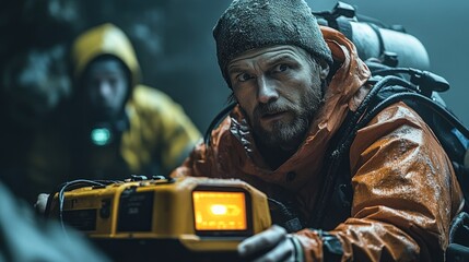 A rugged individual in an orange jacket uses a device in a dimly lit environment.