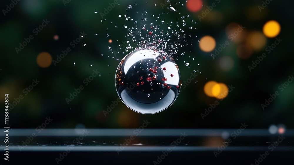 Poster a floating sphere surrounded by sparkling particles and lights.