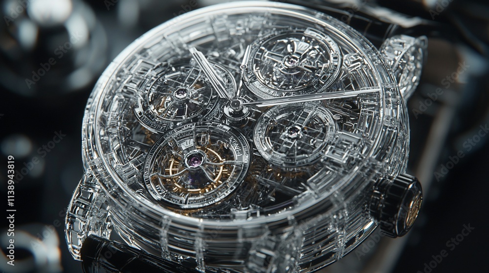 Poster close-up of a transparent watch with visible gears and mechanisms.