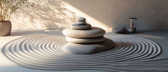 Zen garden with stacked stones, sand, and plant.