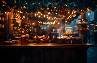 Fototapeta premium A cozy Christmas market stall offering steaming hot coffee, festive sweets, and holiday decorations