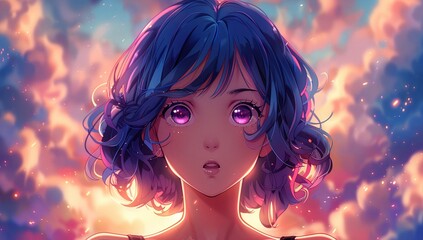 Anime girl with vibrant blue hair against a dreamy sunset backdrop. Her purple eyes and soft expression create a captivating scene.