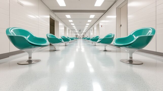 Empty hallway with teal chairs.