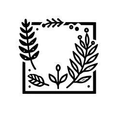 Botanical Square Frame: Elegant line art illustration of a square frame adorned with various leaves and floral elements. Perfect for invitations, branding, and nature-inspired designs. 