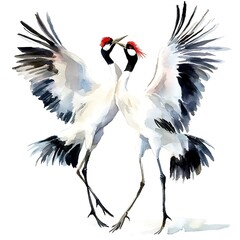 Obraz premium Watercolor Painting of Two Red-crowned Cranes Performing a Mating Dance.