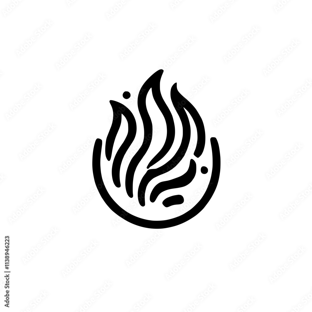 Poster abstract flame logo: a minimalist line art design of a stylized flame within a circular frame. perfe