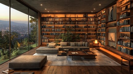 Modern library with large window, city view, cozy seating.