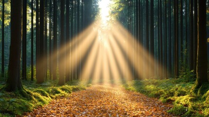 Fototapeta premium Sunlight streams through trees onto a serene forest path.