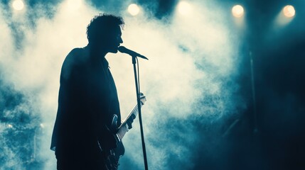 Musician performs in smoky stage lights.