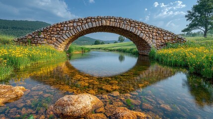 Fototapeta premium A scenic stone bridge arches over a clear stream surrounded by lush greenery and wildflowers.