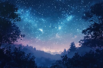 Naklejka premium AI generative, Silhouetted Trees Against a Starry Night Sky
