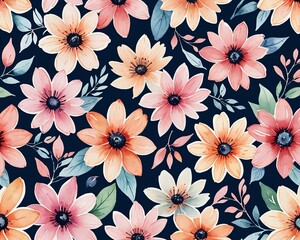 Watercolor Floral Seamless Pattern with Soft Colors. A beautiful seamless pattern featuring various colorful flowers and foliage in soft watercolor style.