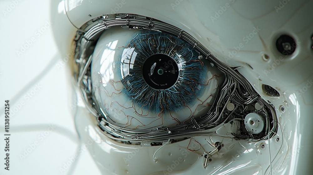 Poster close-up of a robotic eye with intricate internal mechanisms.