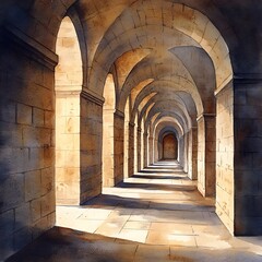 Fototapeta premium Sunlit Watercolor Painting of a Long Archway Corridor.