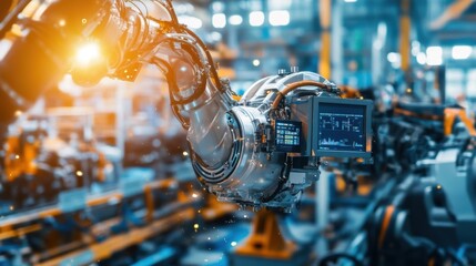 A closeup shot of a robotic arm equipped with sensors and cameras actively collecting data on its performance and responding to environmental changes in the assembly line.