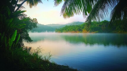 Obraz premium Foggy lake at dawn with tropical foliage.